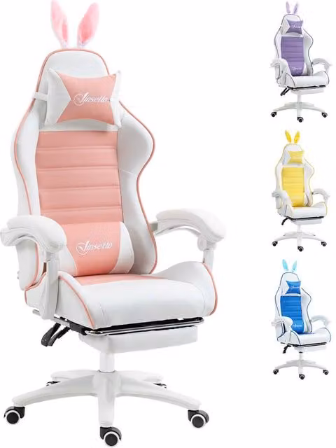 Rolipo Pink PU Leather Reclining Racing Gaming Chair with Footrest and Headrest