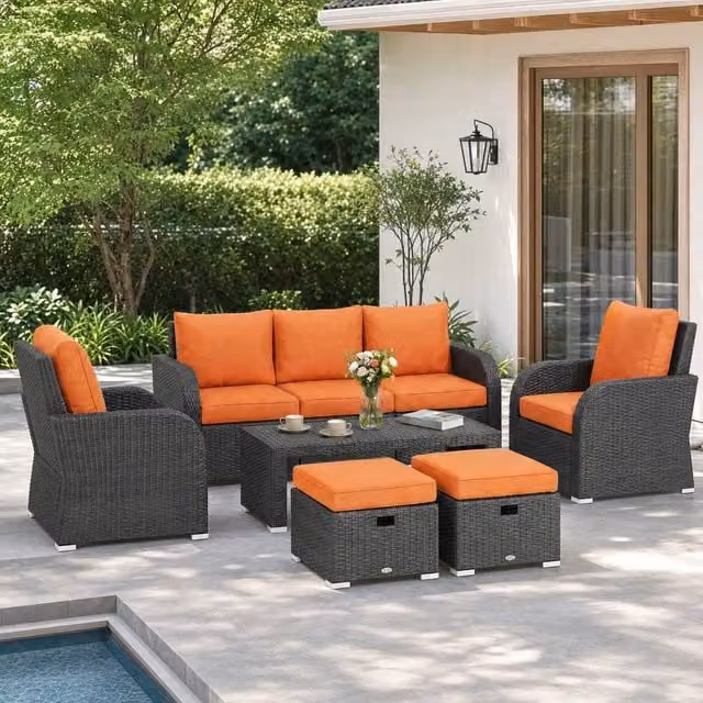 ERGOVEXA Six-piece Rattan Garden Furniture Set with Orange Upholstered Cushions and Powder Coated Steel Frame – 1