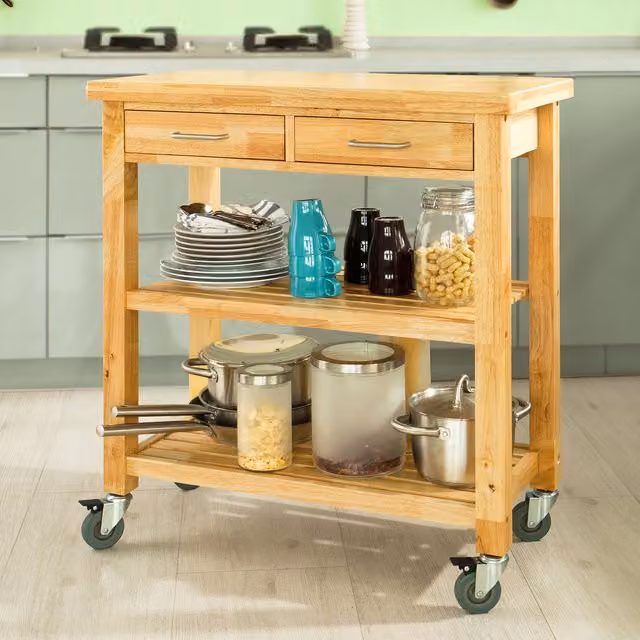 SoBuy Modern Rubberwood and Metal Kitchen Storage Trolley in Brown