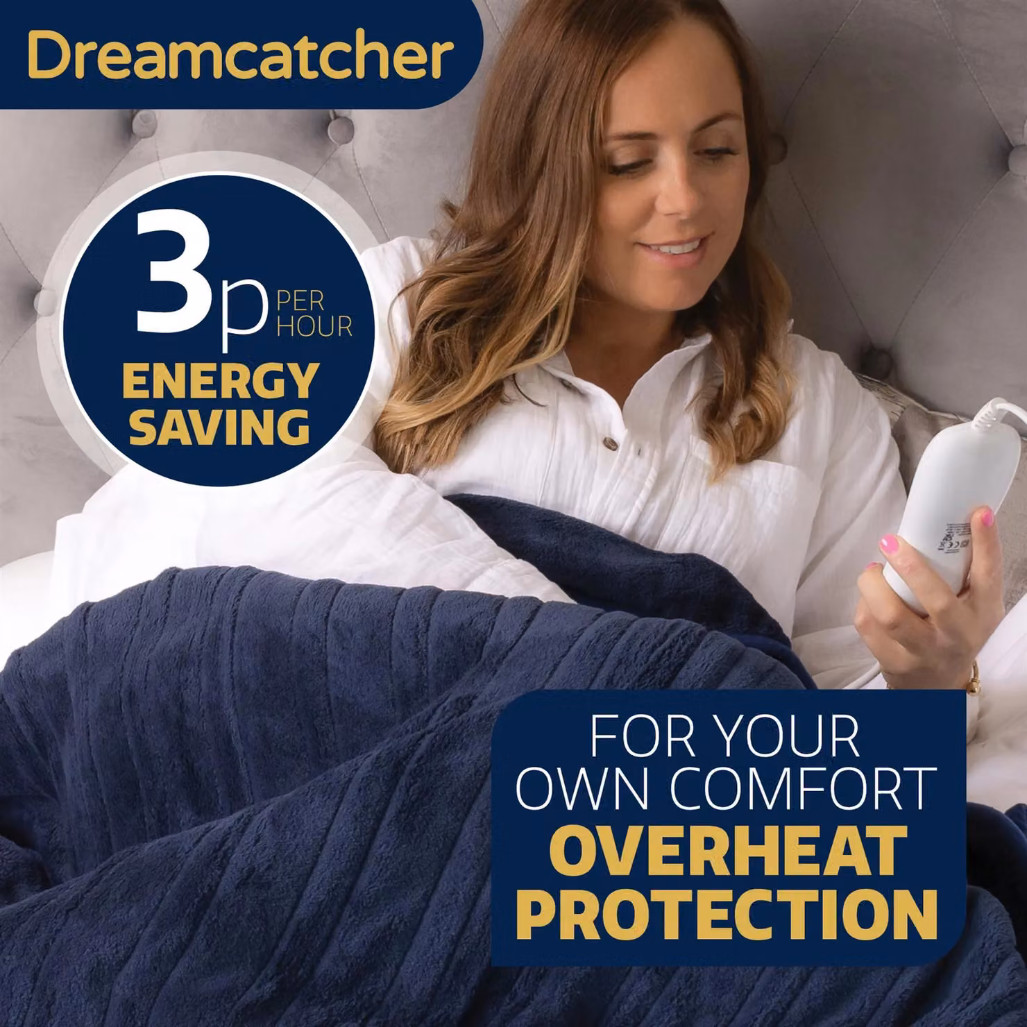Dreamcatcher Deluxe Electric Heated Double Over Blanket in Navy Blue with Soft Fleece and Timer – 3