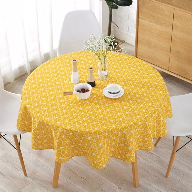 NESTLUNE Yellow Round Cotton Linen Tablecloth for Garden and Dining, W/D: 100 x 100 cm