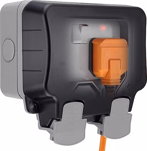 British General IP66 Weatherproof Outdoor Double Switched Wall Mounted Socket, Grey