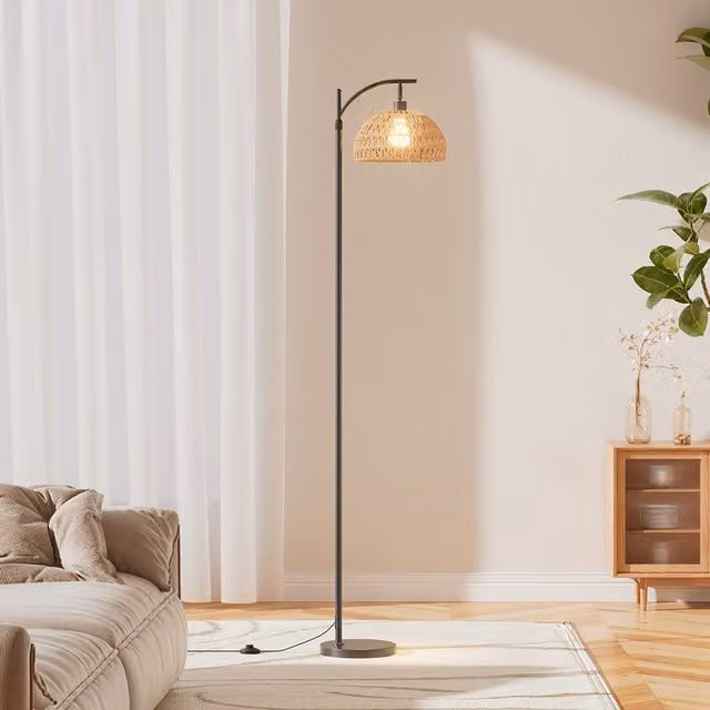 Livingandhome Dimmable LED Rattan Floor Lamp with Timer in Black and Brown