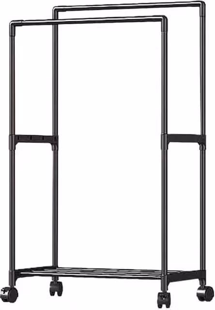 VOGREX Heavy Duty Double Clothes Rail with Wheels and Shoe Shelf Rack in Matt Black