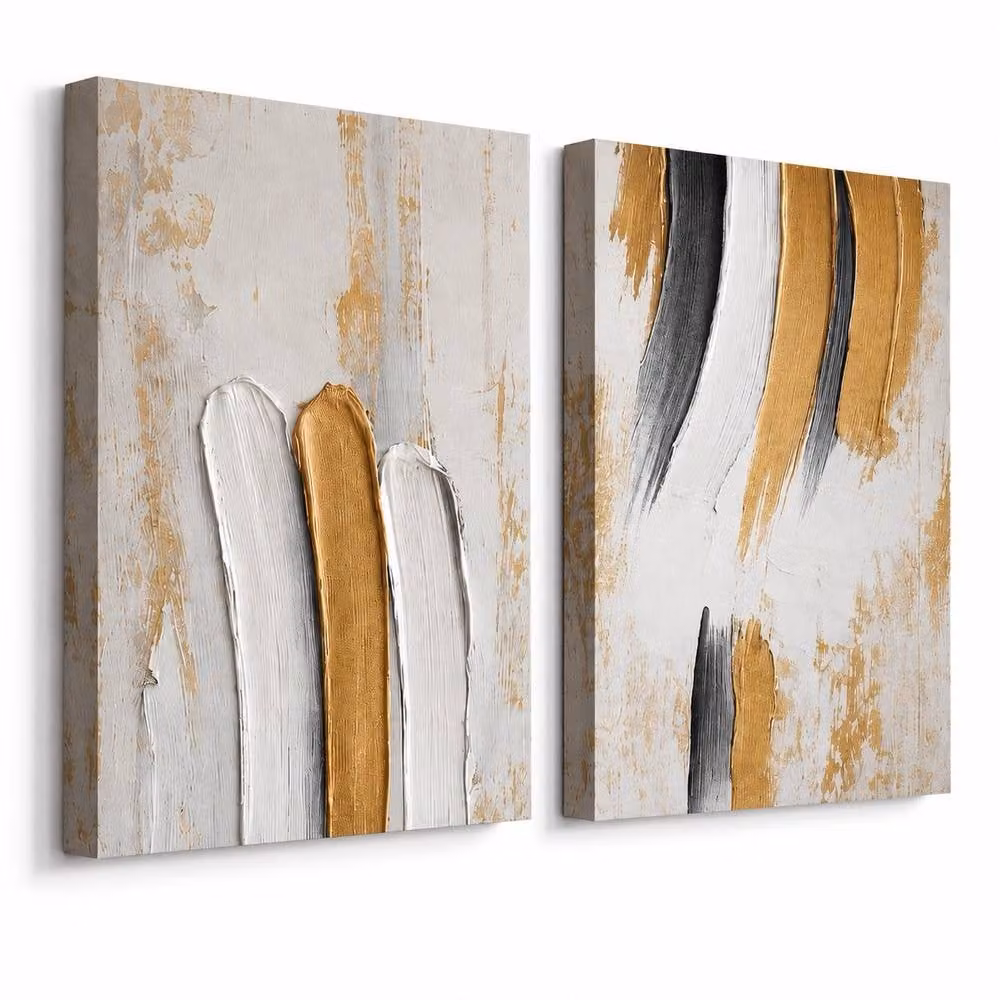 Mafett Set of 2 Abstract Canvas Prints in Gold, White and Black, W: 60.96 cm, H: 81.3 cm – 2