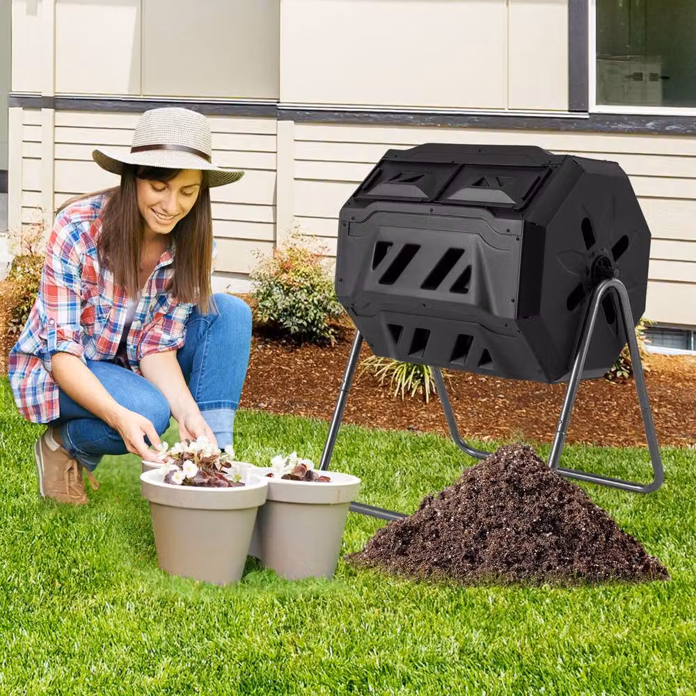 Costway 160L Dual Chamber Composting Tumbler with 360 Degree Rotation in Black – 3