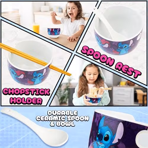 Get Trend Disney Stitch Ramen Bowl Set, Multicolour Ceramic Japanese Rice Noodles Bowl with Ceramic Spoon and Bamboo Chopsticks, 600ml – 4