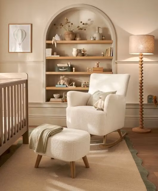 Mamas & Papas Elwood Nursing Chair and Ottoman Set in White Bouclé