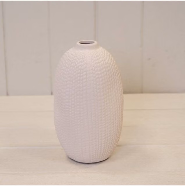 KDMD White Medium Textured Ceramic Vase with Abstract Minimalist Oval Design