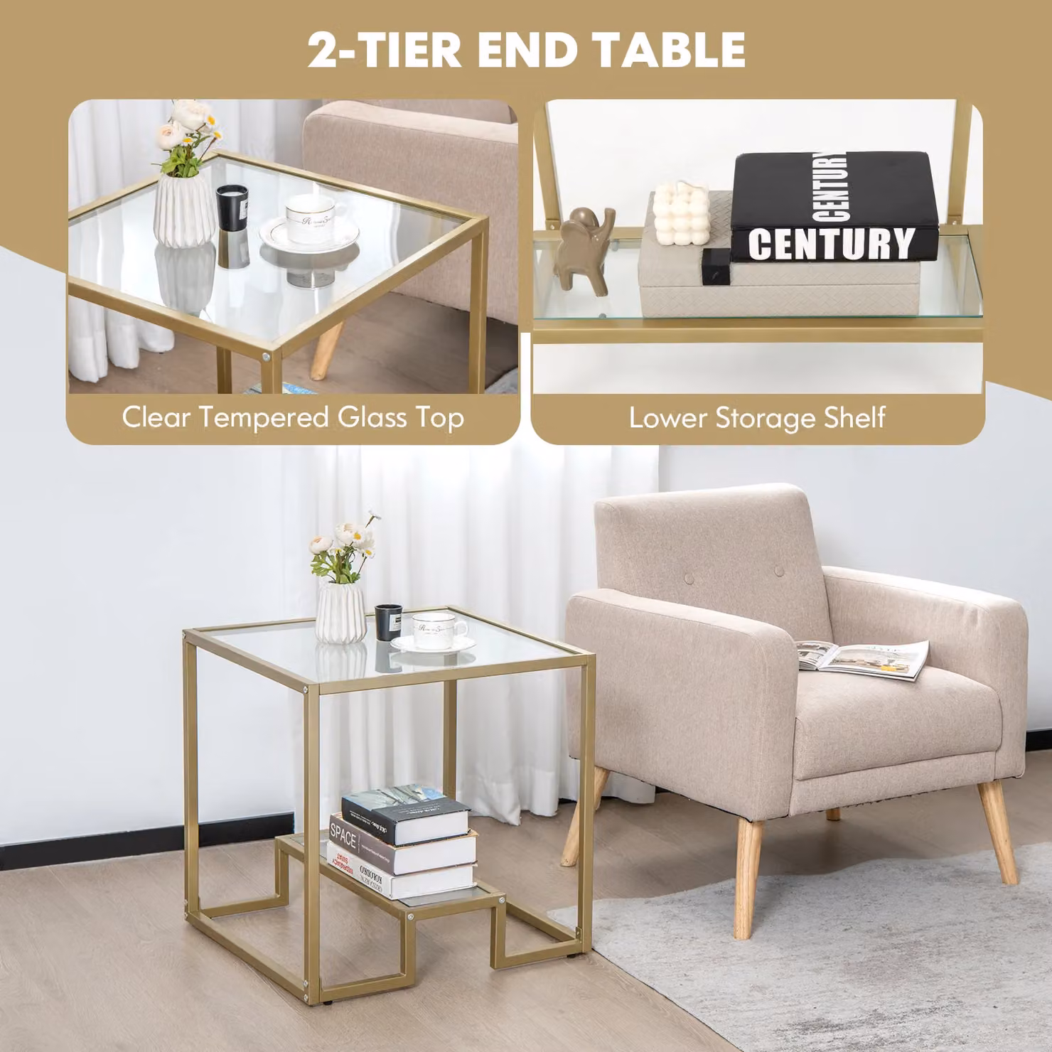 Costway 2-Tier Square Side Table with Gold Metal Frame and Tempered Glass Toptop – 3