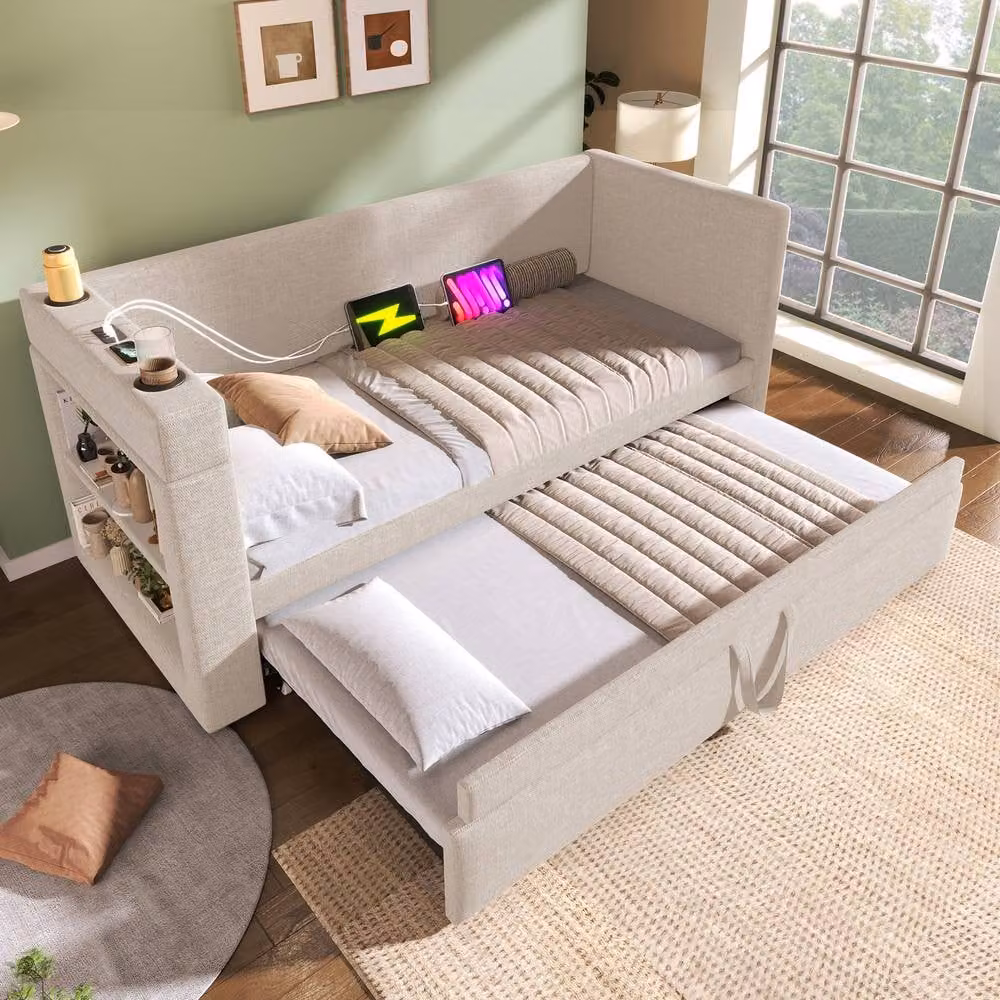 BTM Linen Daybed with Trundle, Cup Holders and USB Charging Station in Beige, W/D/H: 90 x 190 cm – 4