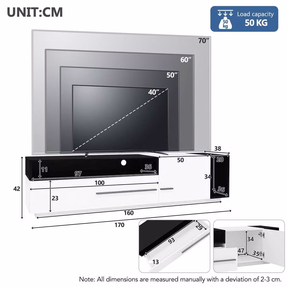 BTM Modern High Gloss White TV Stand with Media Storage for 60 to 70 inch TVs, W/D/H: 170 x 38 x 42 cm – 3