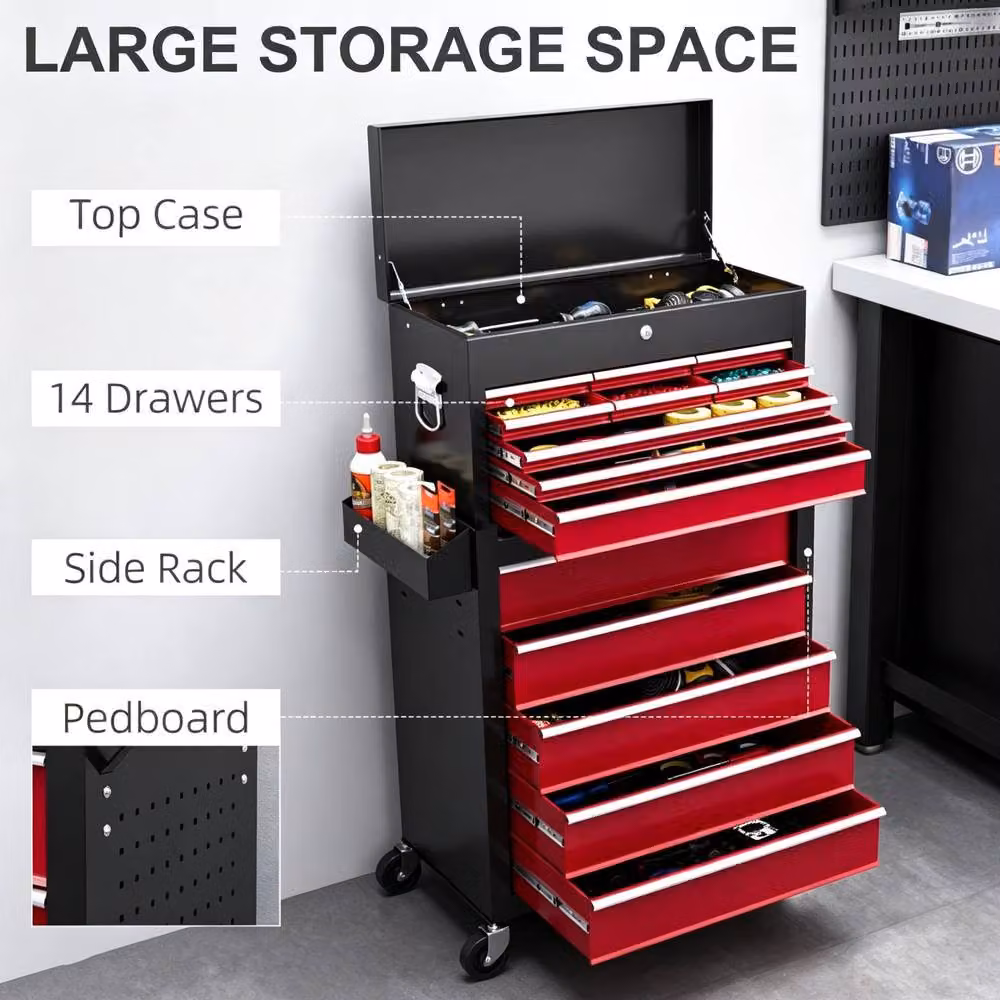 STILVORA Steel Tool Storage Chest with 14 Lockable Drawers and Wheels, Red, H 76 cm x W 60 cm x D 75 cm – 6