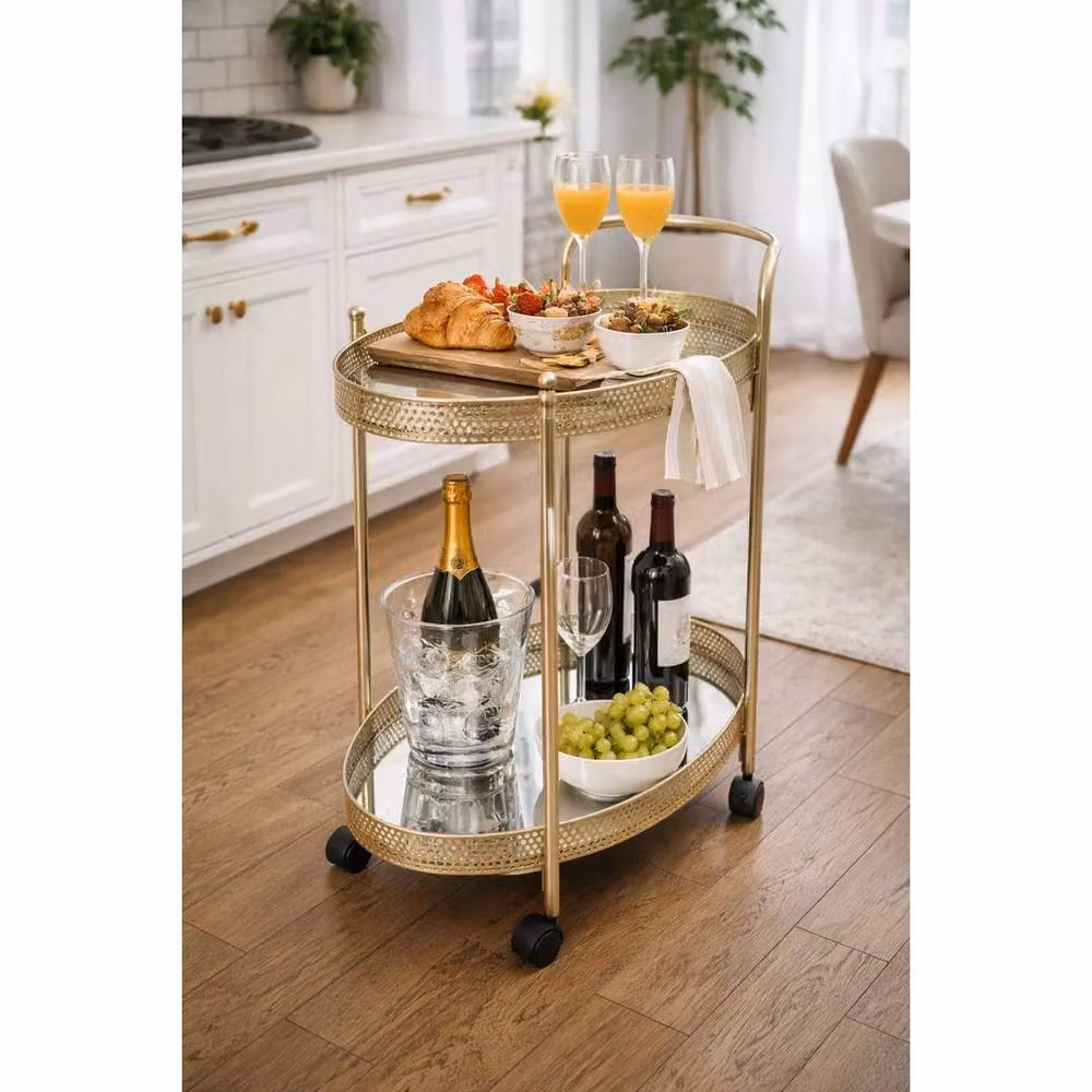 NESTLUNE Gold Drinks Trolley with Two Glass Shelves, W: 100 cm, D: 15 cm – 2