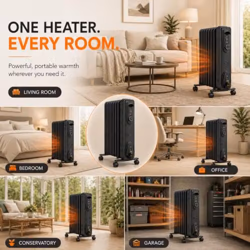 Mylek 2000W Oil Filled Radiator in Black, Freestanding with Thermostat and Tilt Protection, H 55 cm x W 39 cm x D 39 cm – 5