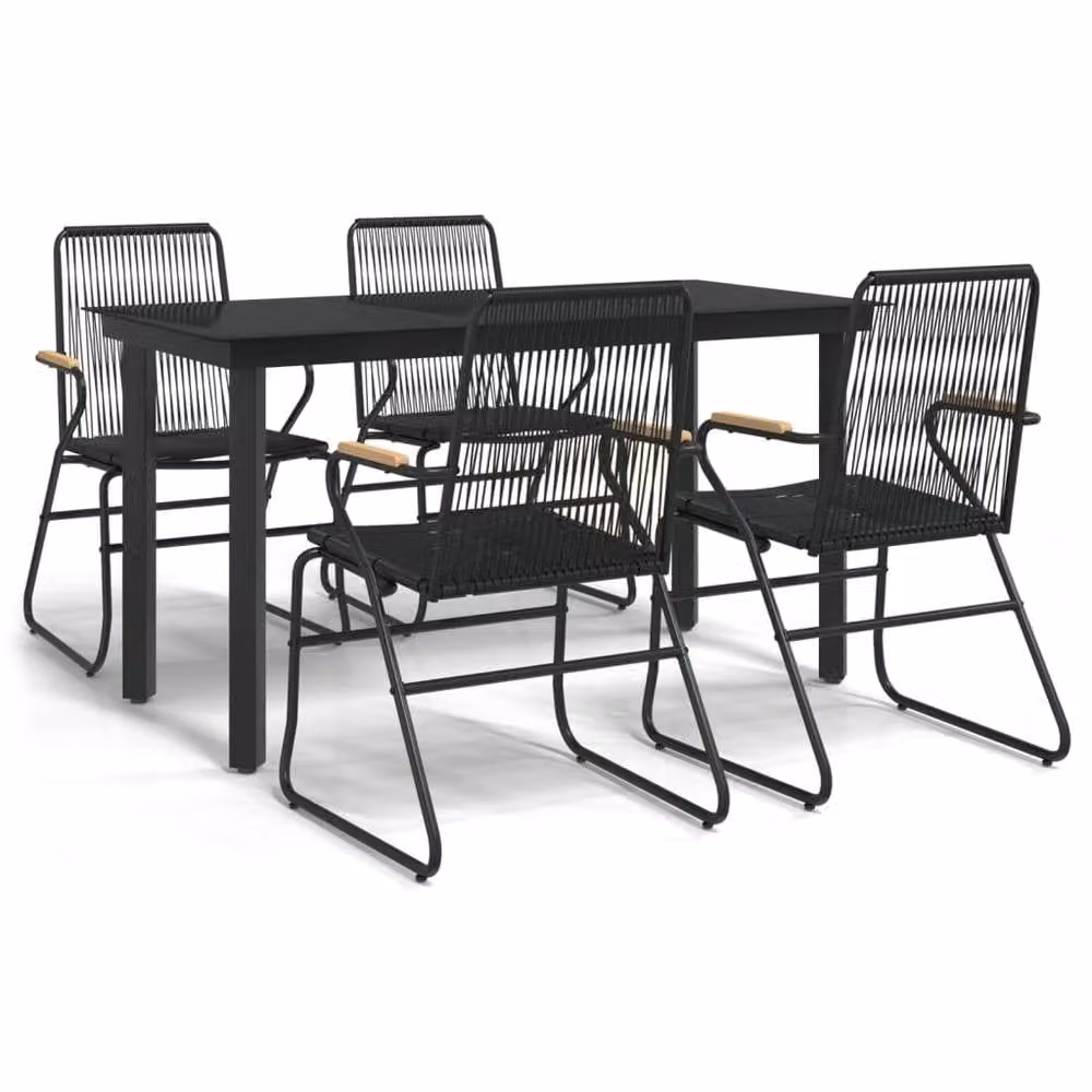 Berkfield Home Beautiful 5 Piece Black PVC Rattan Garden Dining Set with Glass Top Rectangular Table and Teak Wood Accents – 3