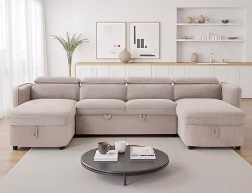 Beehive Furniture Corfu U-Shaped Corner Sofa Bed in Beige Upholstered Fabric with Reversible Pull Out Frame and Adjustable Headrests – 2