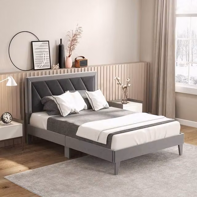 Kelvenix Double Velvet Upholstered Platform Bed Frame in Grey, W: 140 cm, D: 200 cm – 1