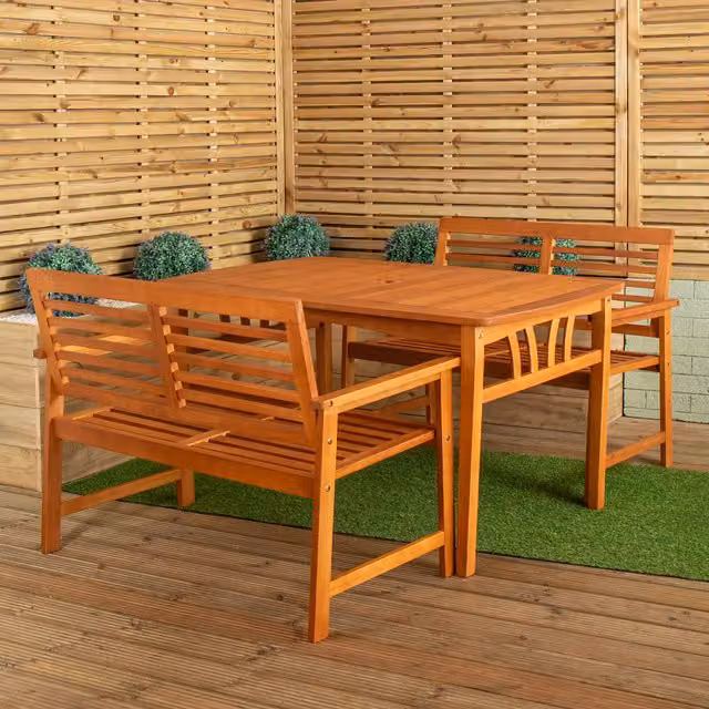 Samuel Alexander Minimalist Oiled Wood Garden Table and 2 Benches Set, Brown