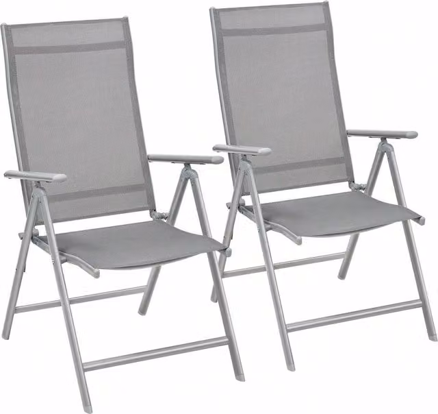 SONGMICS Set of 2 Grey Folding Garden Chairs with Armrests and Aluminium Frame