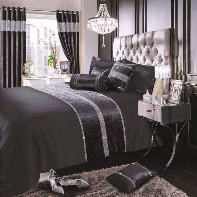 Intimates Luxury Crushed Velvet Duvet Cover and Pillowcase Set in Anthracite and Silver, W: 90 cm, L: 200 cm