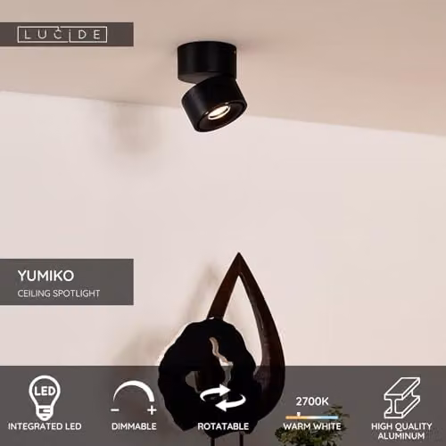 Lucide Yumiko Dimmable and Adjustable Surface Mounted LED Ceiling Spotlight in Black – 2