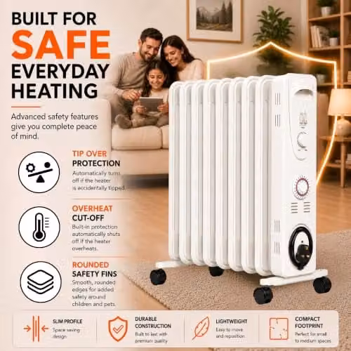 MYLEK 2000W Oil Filled Radiator with Adjustable Thermostat and 24 Hour Timer, White, H 63 cm x W 39 cm x D 39 cm – 5