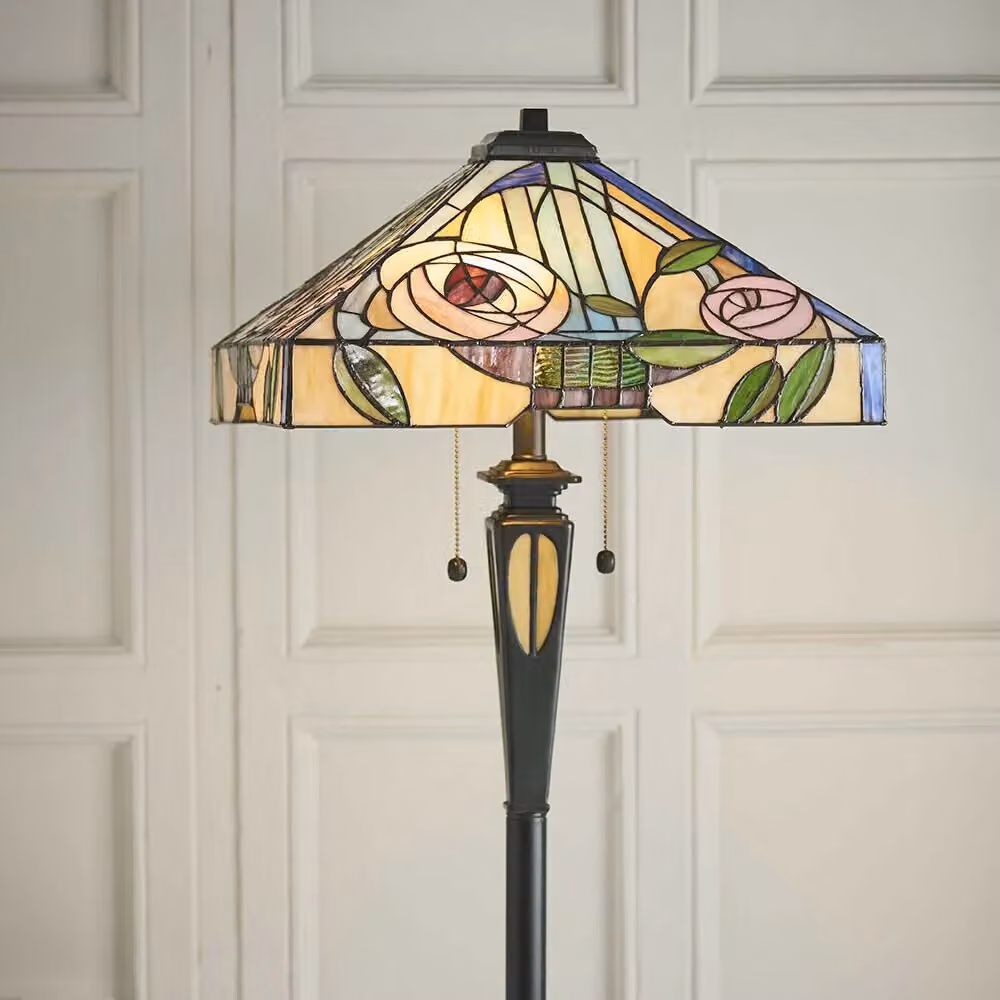 Loops Tiffany Twin Floor Lamp in Dark Bronze with Multicolour Stained Glass Rose Shade – 3