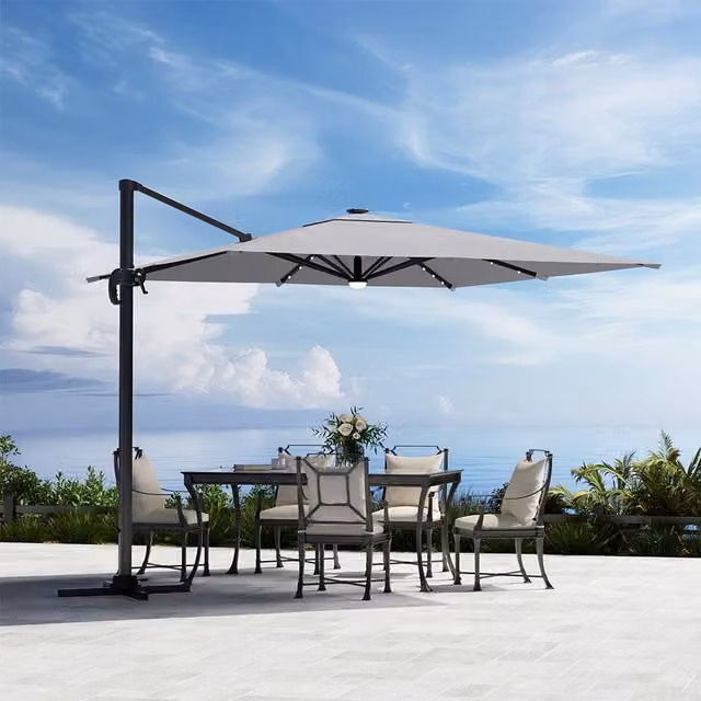 Komore Grey Outdoor Garden Square Cantilever Parasol with Solar Lights