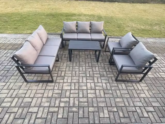 Fimous 8 Seater Garden Furniture Set with Dark Grey Cushions, Powder Coated Aluminium 5 Piece Outdoor Patio Lounge Sofa Set