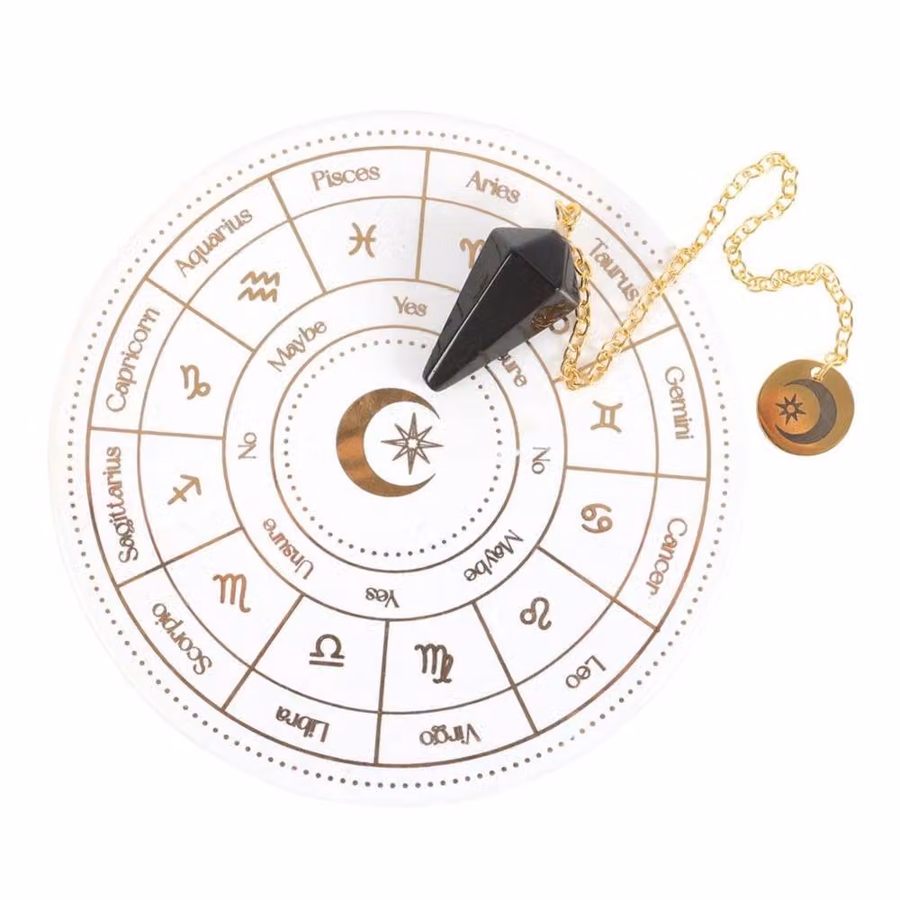 Uniqueful Astrology Wheel Pendulum Divination Kit, Gold and Multicolour Ceramic Geometric Round Tabletop Set – 2