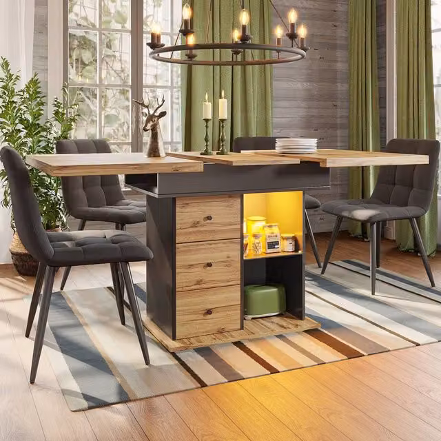 BTM Extendable Rectangular Dining Table with LED Lights in Sand and Brown, W/D/H: 110 x 80 x 75 cm – 1