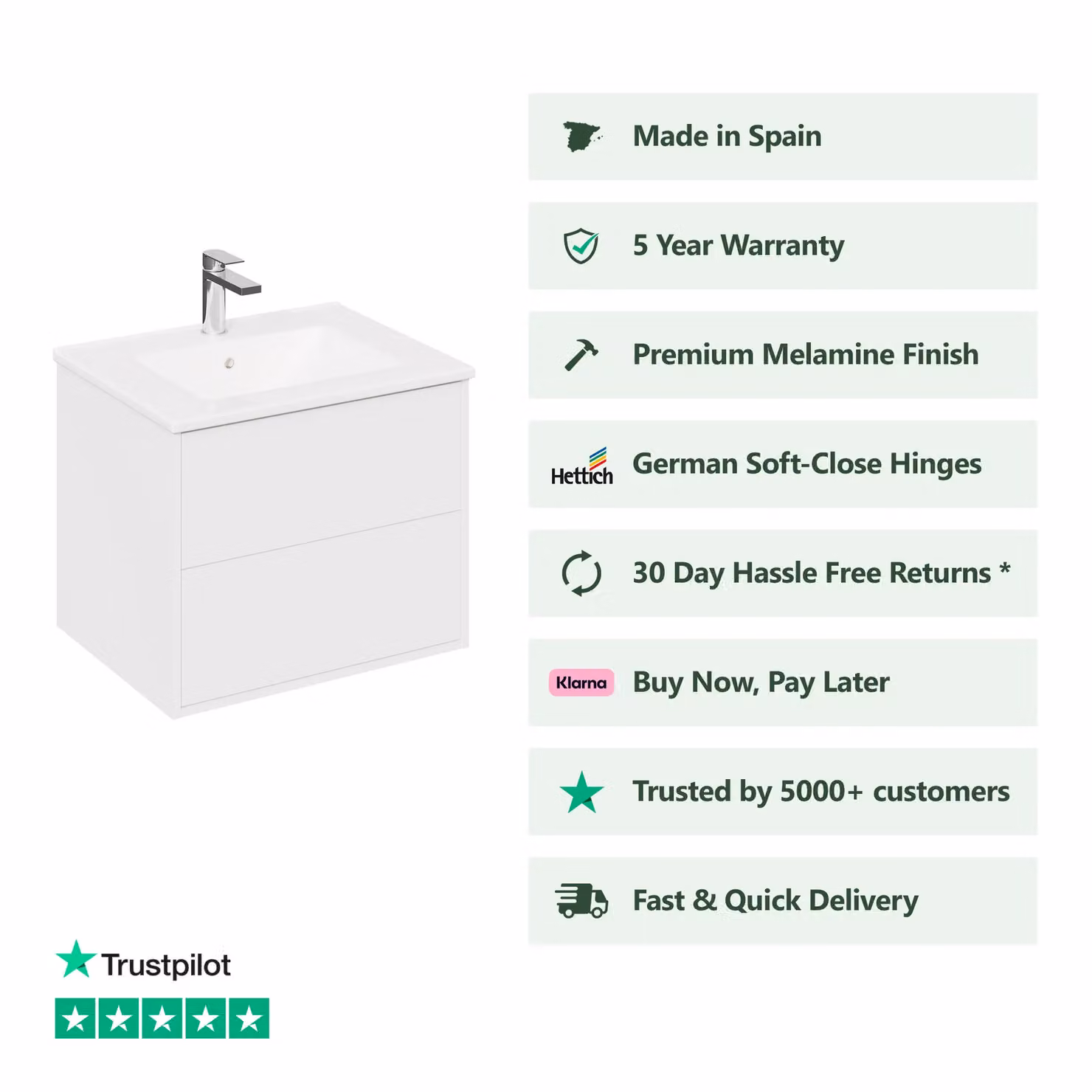 Banyetti Venti 600mm Wall Hung Vanity Unit with Lira Basin, Matt White – 2