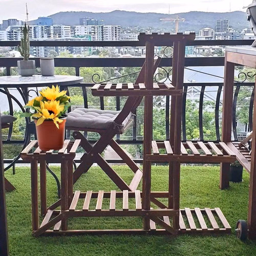 FLAVORA Rustic Brown Pine Wood Flower Plant Pot Shelf Stand for Outdoor and Garden Use, W/D/H: 96 x 25 x 25 cm – 5