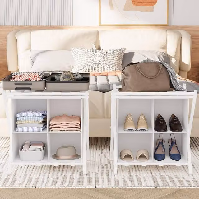Huhote Metal Luggage Rack with Storage Shelf, Set of 2, White – 1