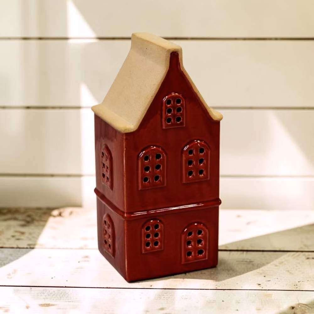 Four Candle Medium Red Ceramic LED Townhouse with Sand Roof – 2