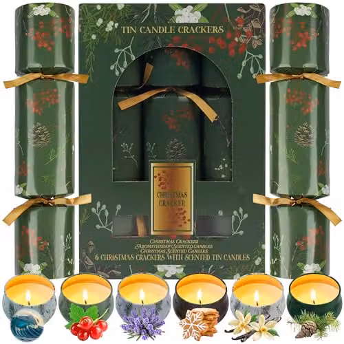 KreativeKraft Luxury Christmas Candle Crackers, 6 Pack Floral Design in Green Tin