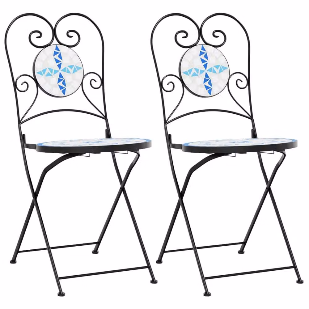 Berkfield Home Beautiful Bistro Chairs, Set of 2, Blue and White Geometric Ceramic and Metal Foldable Garden Chairs – 2