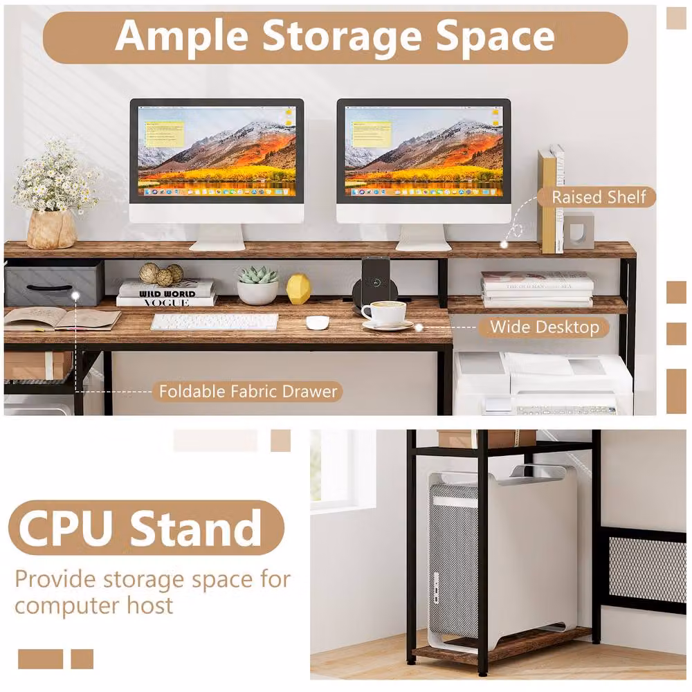 Costway Brown Computer Desk with Monitor Stand and File Drawer – 5