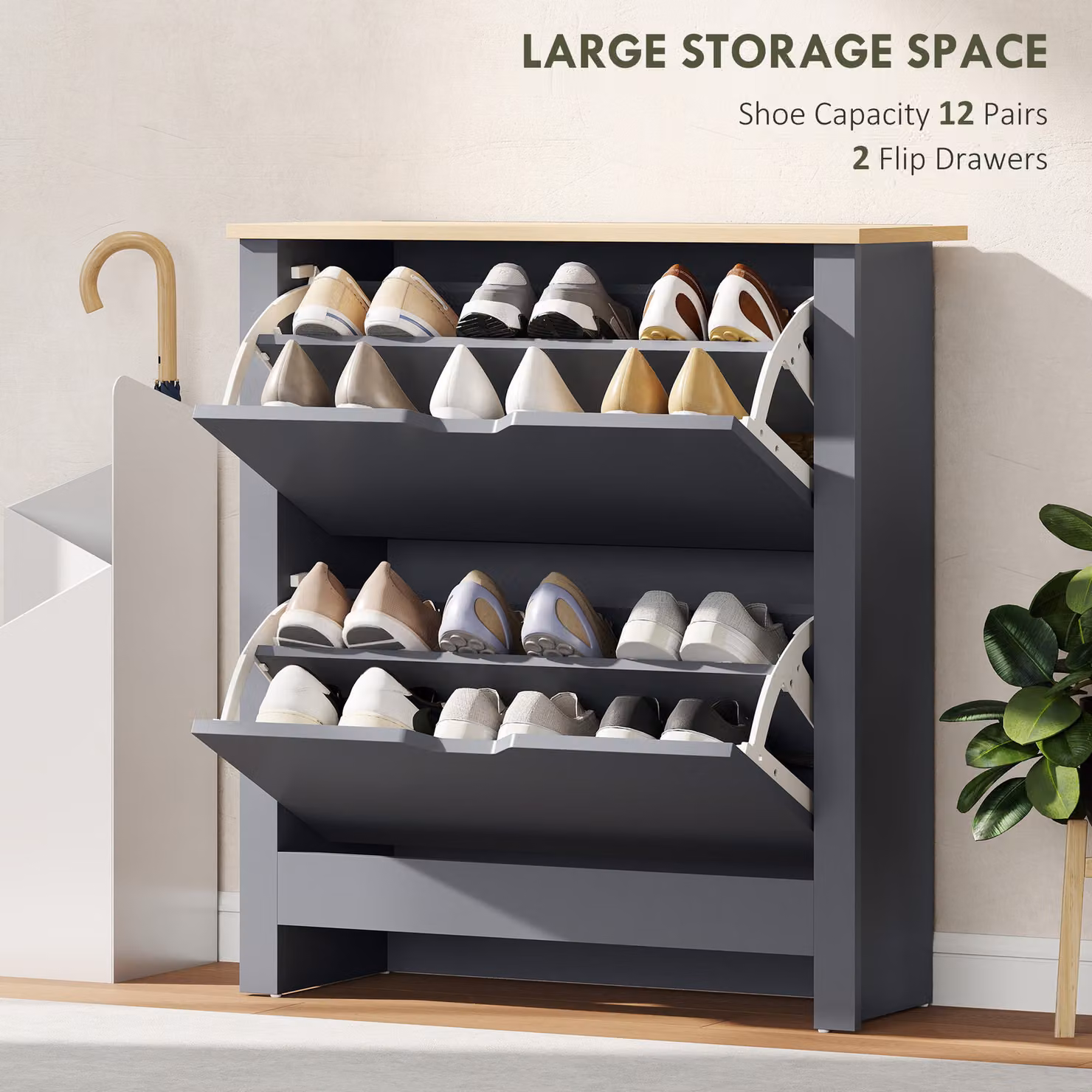 HOMCOM Slim Shoe Cabinet in Grey with 2 Tilting Drawers and Internal Shelves for 12 Pairs of Shoes – 4