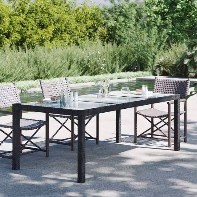 Berkfield Home Garden Table in Black with Tempered Glass and Poly Rattan, W: 190 cm, D: 90 cm, H: 75 cm