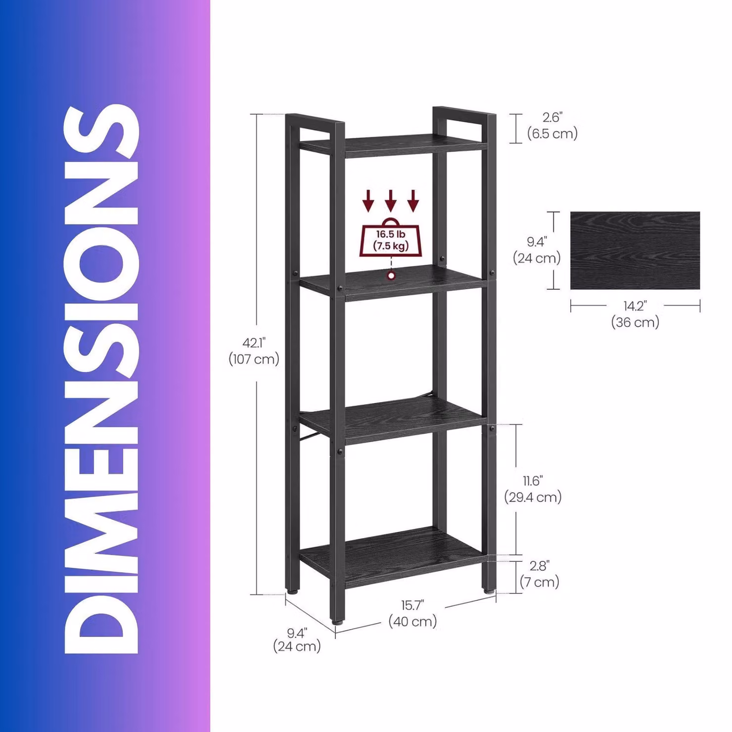 FURNOS 4 Tier Black Matt Metal and Composite Storage Shelf for Living Room, Bedroom or Kitchen, H 107.0 x W 40.0 x D 24.0 cm – 3