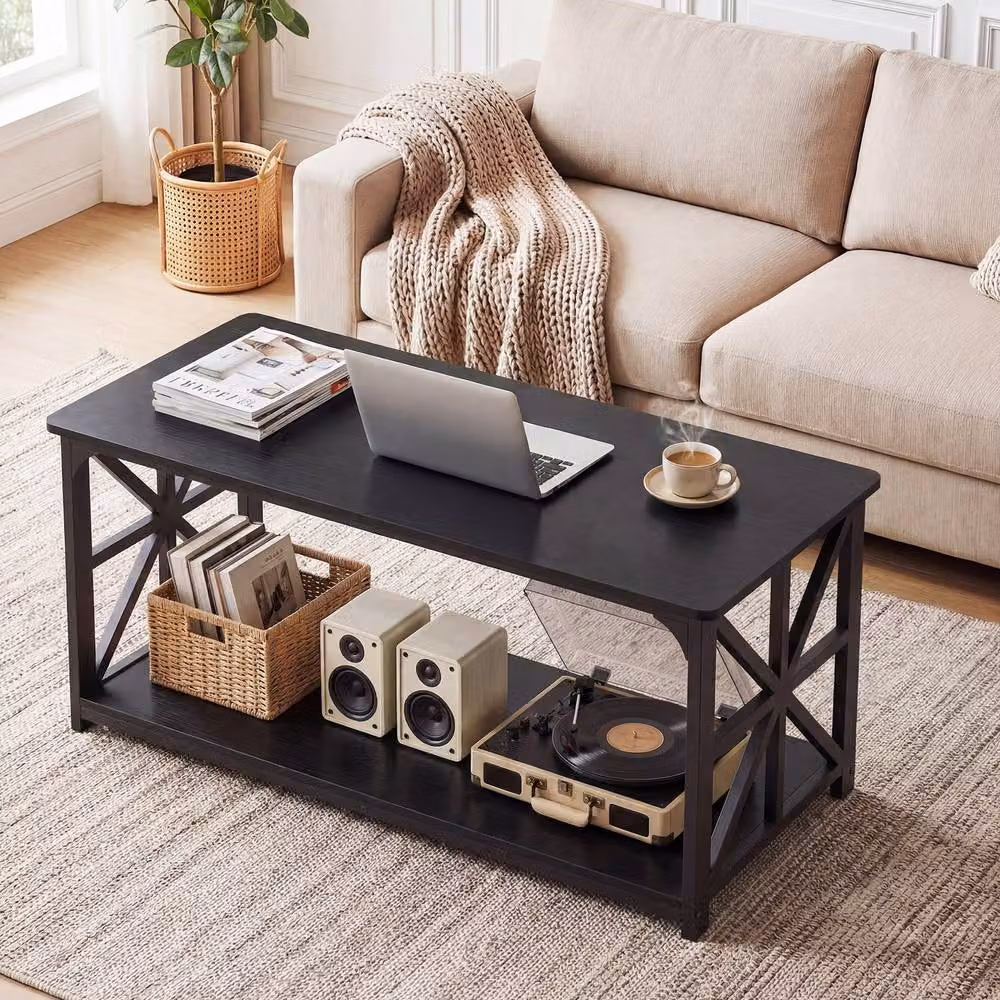 Gymax Industrial Farmhouse Coffee Table with 2-Tier Open Storage Shelf in Black – 3
