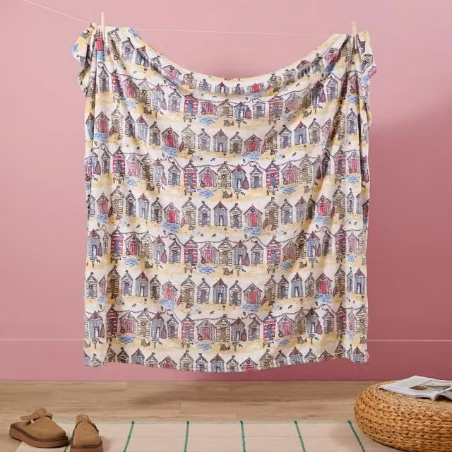 Furn Maritime Beach Huts Printed Soft Fleece Throw, Multicolour, W: 130 cm, D: 150 cm