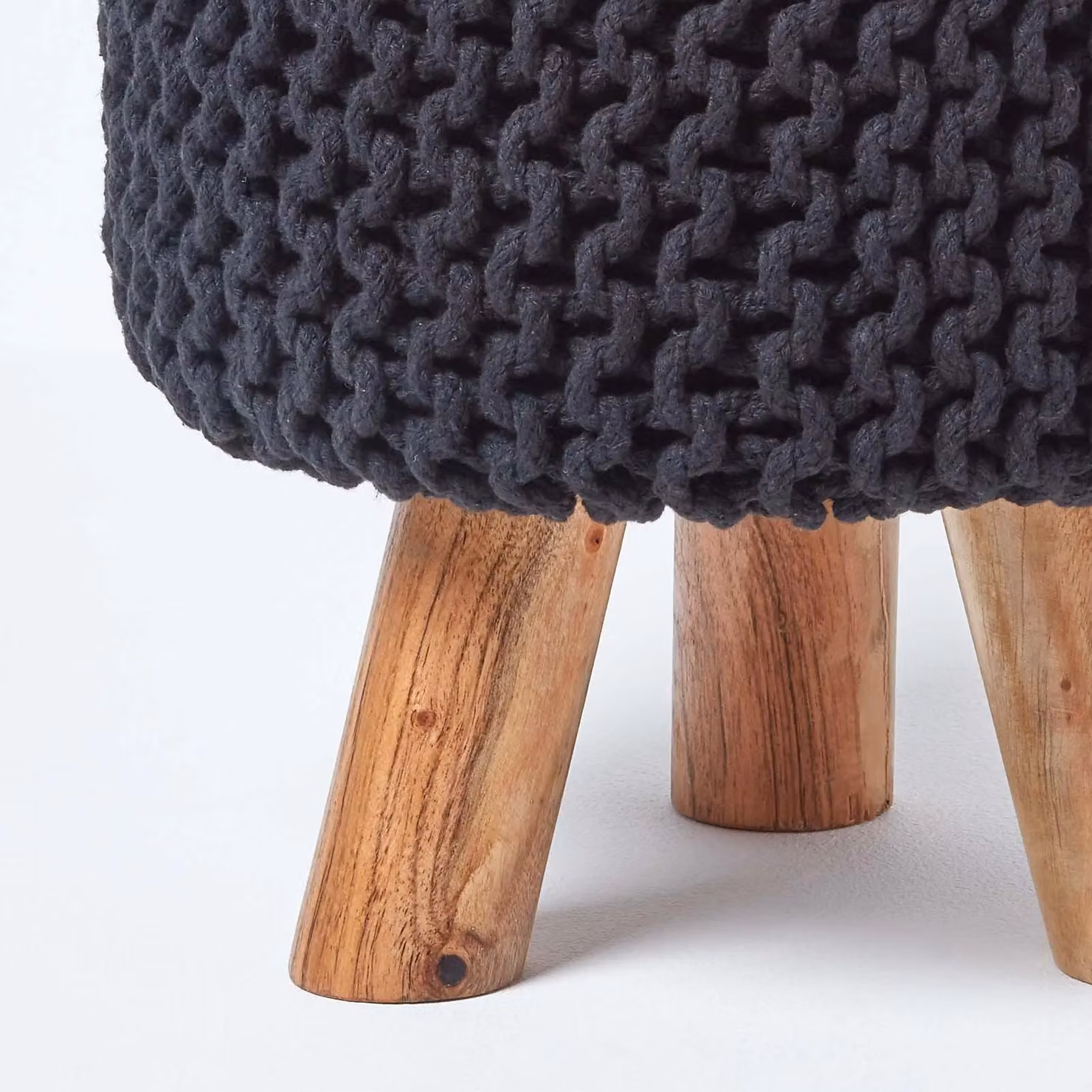 Homescapes Tall Cotton Knitted Footstool in Black with Wood Frame – 3