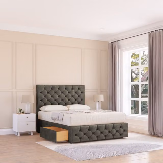 Sloomy Watson Chesterfield Divan Bed Base with 2 Drawers and Floor Standing Headboard, Light Grey, W/D/H: 140 x 200 cm