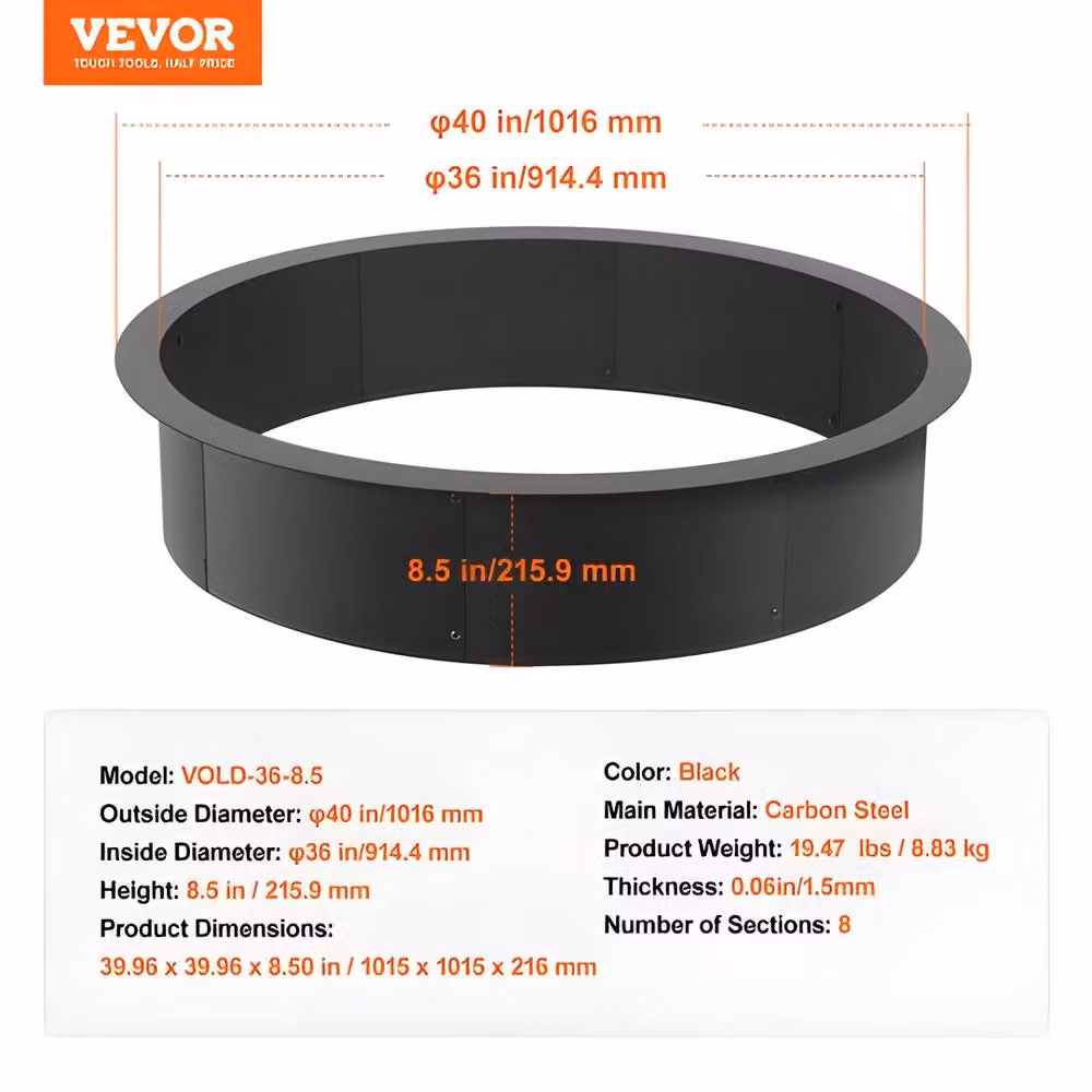 VEVOR Black Carbon Steel Fire Pit Ring, Diameter: 101.6 cm, Height: 21.59 cm – 4