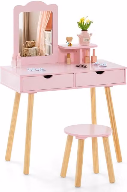 Costway Princess Makeup Dressing Table and Chair Set in Pink