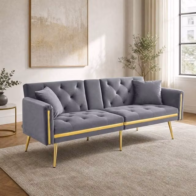 STILVORA 2-Seater Grey Velvet Sofa Bed with Adjustable Headrest and Cup Holders – 1