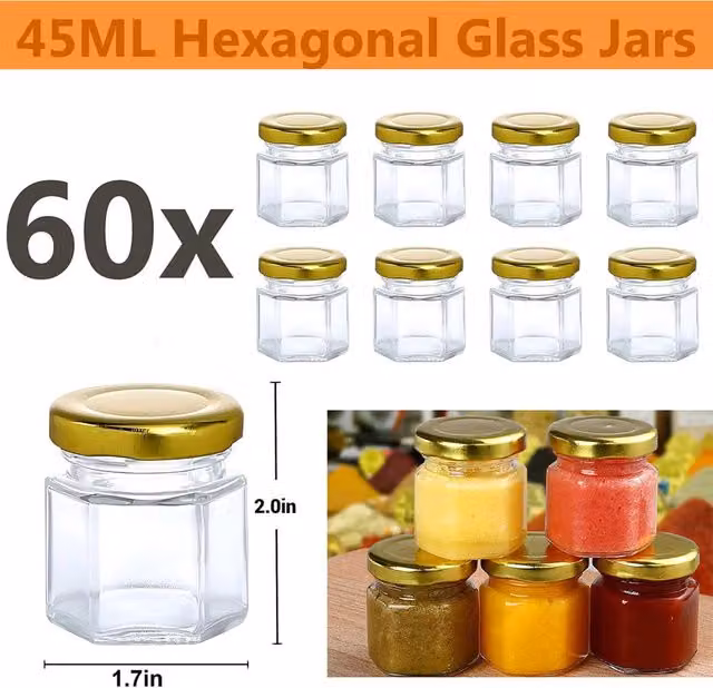 ATEK Set of 60 Hexagonal Small Glass Jars with Gold Metal Lids, 45 ml, Clear